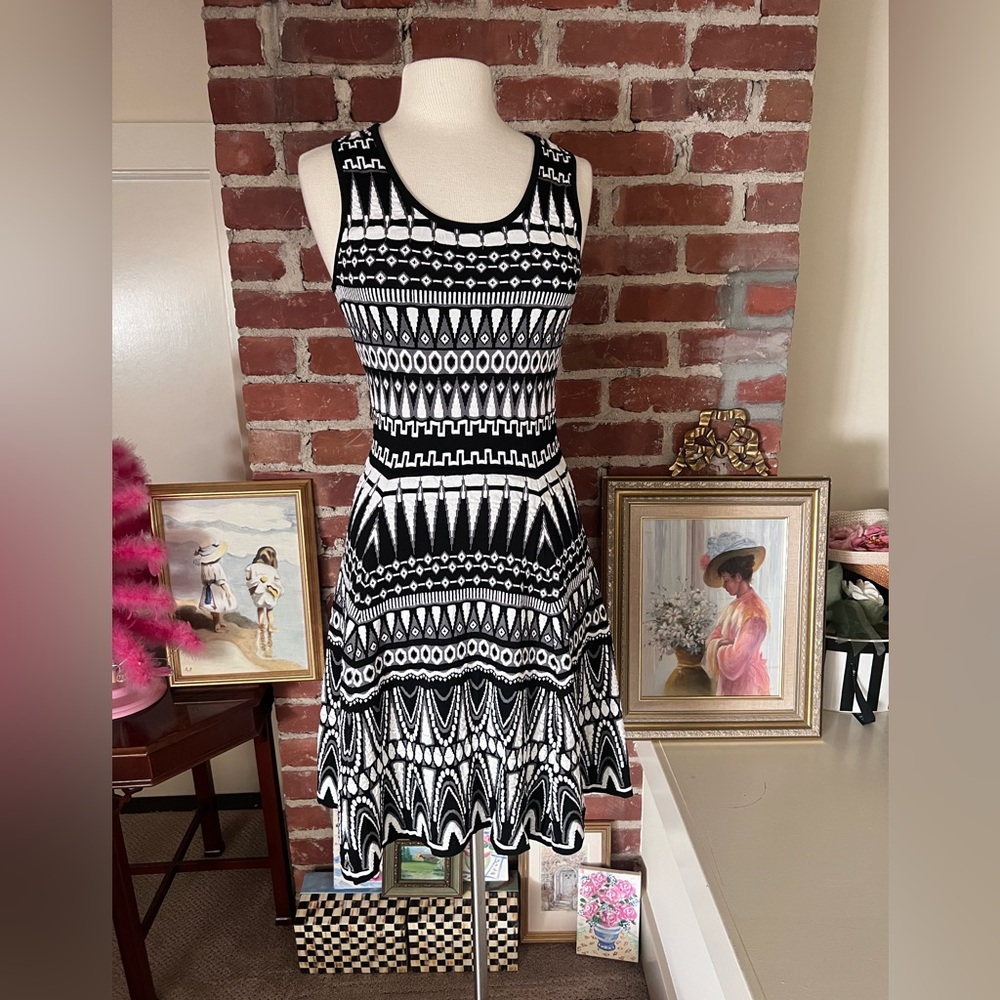 Milly B&W Patterned Knit A-Line Dress